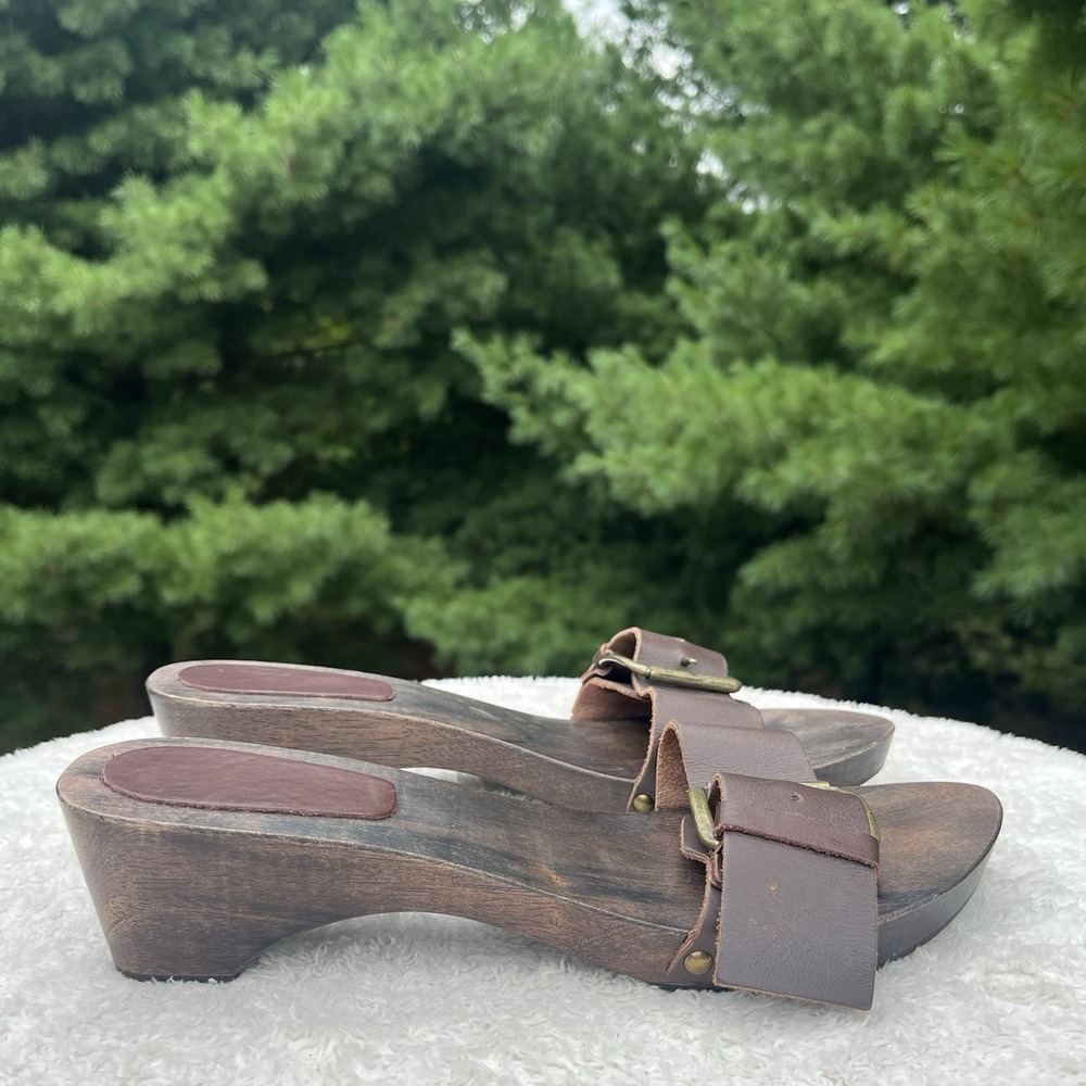 Vintage Wood Leather Clog Sandals EU 41 Brown Brass Buckle Boho 70s Style